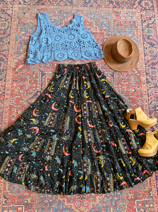 Black Celestial Sun Moon + Stars Silk Spin Skirt