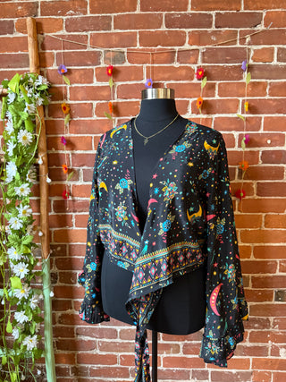 Black Sun, Moon + Stars Celestial Cropped Bell Sleeve Wrap Top