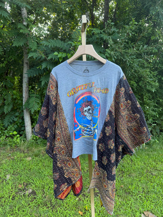 OOAK Summer Collection- Upcycled Grateful Dead Inspired Kantha Cropped Hi Lo Poncho Tee *imperfect!
