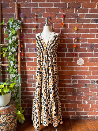 Size Small-Medium Black Gold Meadow Mosaic 100% Cotton Halter Dress - Fair Trade Made