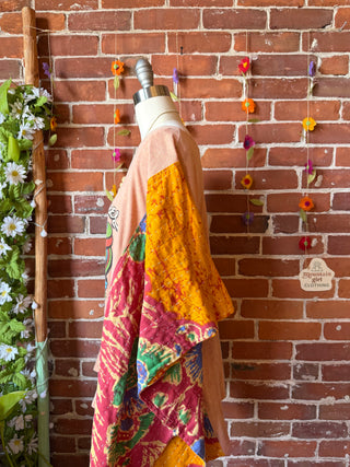 OOAK Summer Collection- Upcycled Rolling Stones Inspired Vintage Butterfly Patch Kantha Poncho Tee