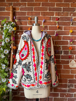 Harvest Bloom Suzani Embroidered Hooded Jacket - Fair Trade Made- Multiple Colors Available- 100% Cotton