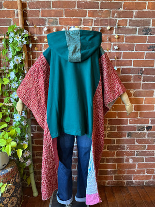 OOAK Autumn Collection- Upcycled Organic Cotton + Kantha Poncho Hi lo Hoodie