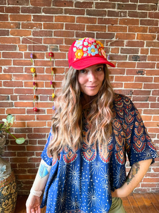 Hand Embroidered Trucker Flower Hat - Red