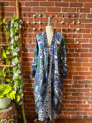 Purple Green Mandala Long Tapestry Robe Kimono with Pockets and Belt