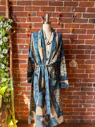 Teal + Blue Elephant Long Tapestry Robe Kimono w/ Pockets + Belt - Fair Trade Made