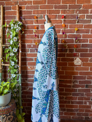 Blue White Long Tapestry Robe Kimono w/ Pockets + Belt - Fair Trade Made