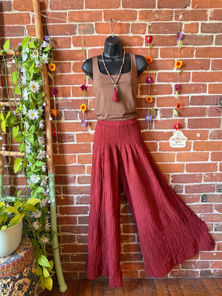 Burgundy 100% Cotton Gauze Wide Leg Palazzo Pants