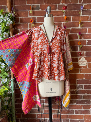 OOAK Autumn Collection- Upcycled Block Print Kantha Hi Lo Poncho Top