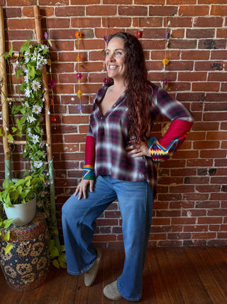 OOAK Autumn Collection- Size XS Upcycled Fleece Bell Sleeve Button Up Plaid