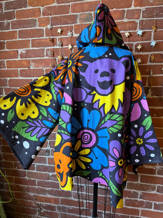 Grateful Dead Inspired Flower Dancing Bears Tapestry Bell Sleeve Hooded Kimono