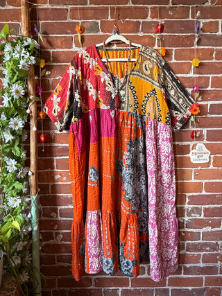 Coffee In The Morning Kantha Dress - Fits up to 3X - 100% Cotton- Fair Trade Made