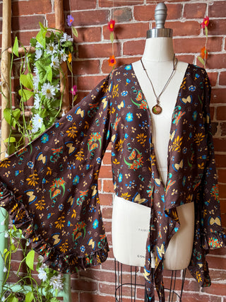 Brown Moon + Butterfly Celestial Cropped Bell Sleeve Wrap Top
