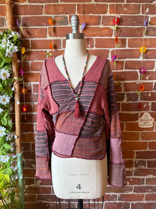 Moon Catcher Patchwork Knit Bell Sleeve Cropped Wrap Sweater - 100% Cotton - Fair Trade Made