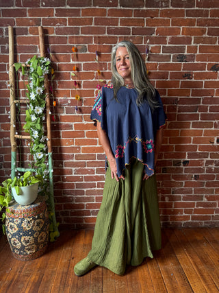 The Wandering Bloom Layer - Navy - Upcycled V-neck Embroidered Poncho