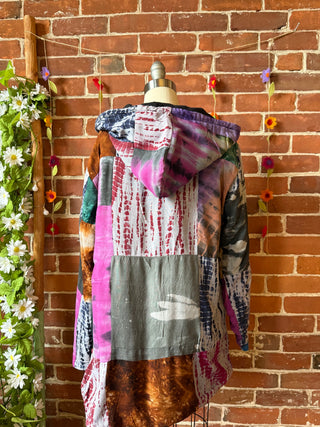 Autumn Stroll Tie Dye Fleece Lined Patchwork Hoodie Jacket