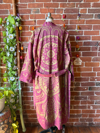 Maroon and Gold Mandala Long Tapestry Robe Kimono w/ Pockets + Belt - Fair Trade Made