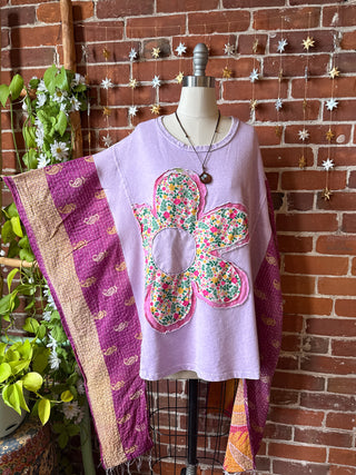 OOAK Autumn Collection - Upcycled Flower Patchwork Hi Lo Kantha Poncho Top 🌼