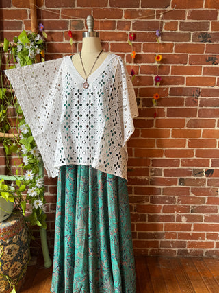 100% Cotton Bohemian Eyelet Overlay Poncho Top - White