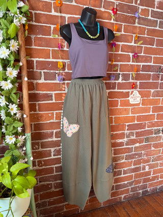 OOAK Autumn Collection- Patchwork Butterfly Upcycled Barrel Cropped Lounge Pants Size Medium