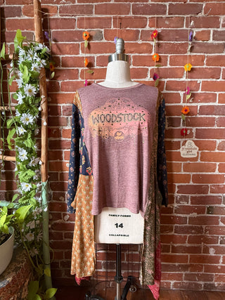 OOAK Summer Collection- Upcycled Woodstock Flowy Hybrid Hi Lo Tee