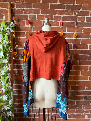 Size Small Upcycled Embroidered Butterfly Hi Lo Patchwork Poncho Hoodie
