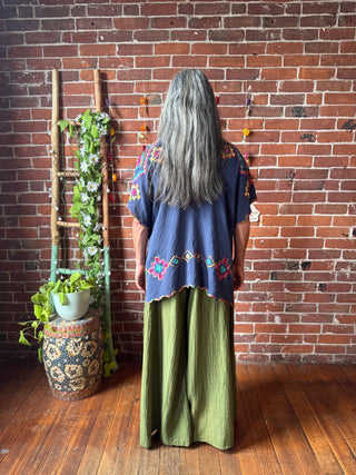 The Wandering Bloom Layer - Navy - Upcycled V-neck Embroidered Poncho