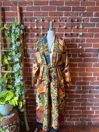 Tree of Life Tie Dye Long Tapestry Robe Kimono with Pockets and Belt