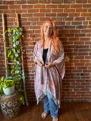 Bright Wildflower Goddess Flowy Woven Fringe Kimono Ruana - Made In Canada