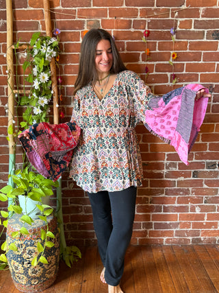OOAK Autumn Collection- Upcycled Boho Wrap Style Bell Sleeve Top Plus Size 1X