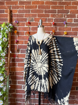 Spiral Black + Beige Tie Dye Fringe Poncho