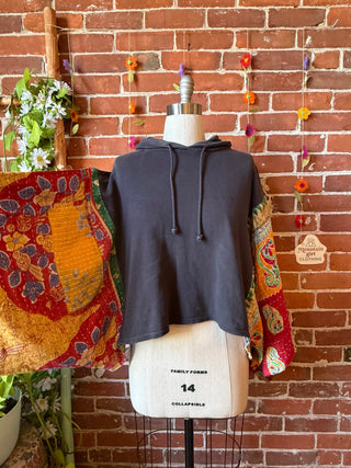 OOAK Summer Collection- Upcycled Kantha Ruched Detail Cropped Hoodie Poncho