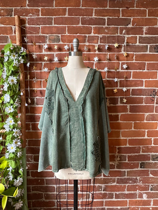 In Zen Mode Doily V-Neck Poncho Top - In Charcoal + Olive