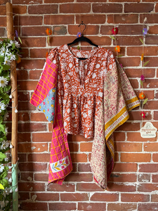 OOAK Autumn Collection- Upcycled Block Print Kantha Hi Lo Poncho Top