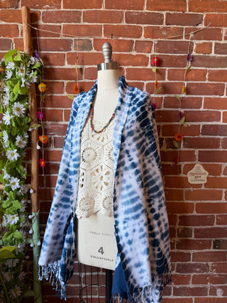 Indigo Sky Fringe Tie Dye Cocoon Shawl Coverup Kimono - 100% Cotton