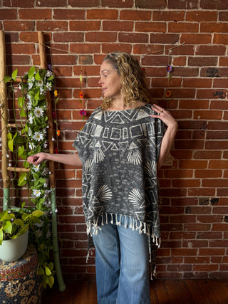 Gray Sky Fringe Hi Lo Poncho Reversible Tunic Top- 100% Cotton