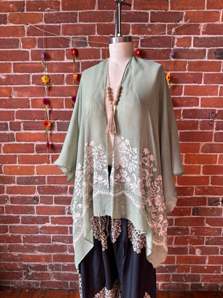 Pistachio Embroidered Boho Kimono Layer