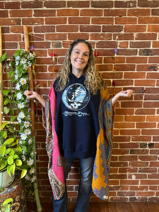 OOAK Autumn Collection- Upcycled Grateful Dead Inspired Hi Lo Kantha Poncho Hoodie
