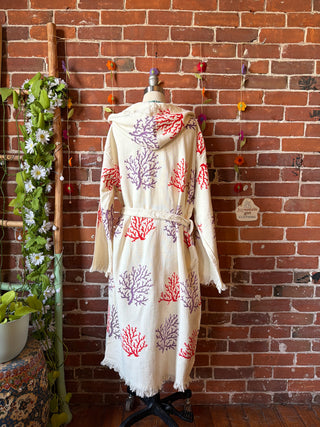 Coral Pattern 100% Cotton Hoodie Kimono Robe  - Fair Trade Made