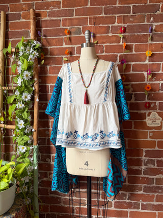 OOAK Summer Collection- Upcycled Embroidered Rayon + Silk Flowy Hi Lo Poncho Top