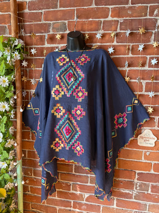 The Wandering Bloom Layer - Navy - Upcycled Embroidered Poncho