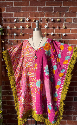 Sierra Dreams Upcycled Cotton Kantha Poncho Tunic Top with Pockets