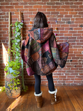 Autumn Earth Tones Patchwork Upcycled Cotton Hoodie Poncho Cape- Fair Trade Made