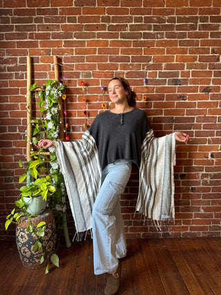 OOAK Autumn Collection - Upcycled Flowy Cropped Hi Lo Charcoal Poncho Top