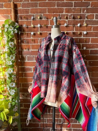 OOAK Winter Collection- Birdsong Rainbow Blanket + Bleach Plaid Button Up Wing Style Poncho Jacket
