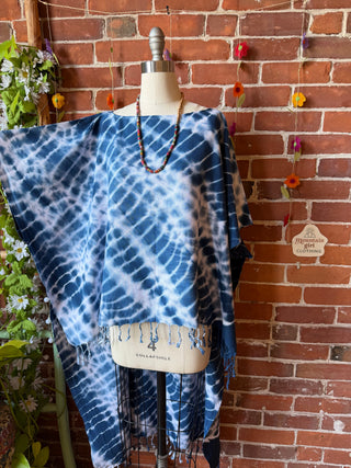 Indigo Sky Fringe Tie Dye Hi Lo Poncho Coverup Tunic Top- 100% Cotton