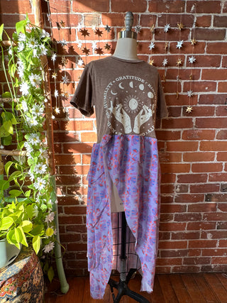 OOAK Winter Collection - Size Small/Medium Upcycled Gratitude Flowy Ruffle Long Side Split Tee