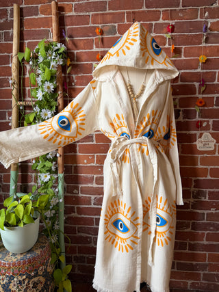 Evil Eye Golden/Blue 100% Cotton Hoodie Kimono Robe  - Fair Trade Made