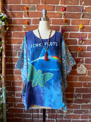 OOAK Summer Collection- Upcycled Pink Floyd Tie Dye Inspired Vintage Butterfly Patch Kantha Poncho Tee