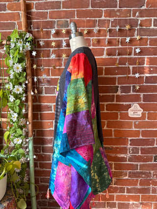 OOAK Winter Collection- Upcycled Silk Patchwork Tie Dye Nirvana Inspired Hi Lo Poncho Top